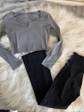 Lululemon Gray Long Sleeve Crop Henley and Black Flare Leggings Bundle